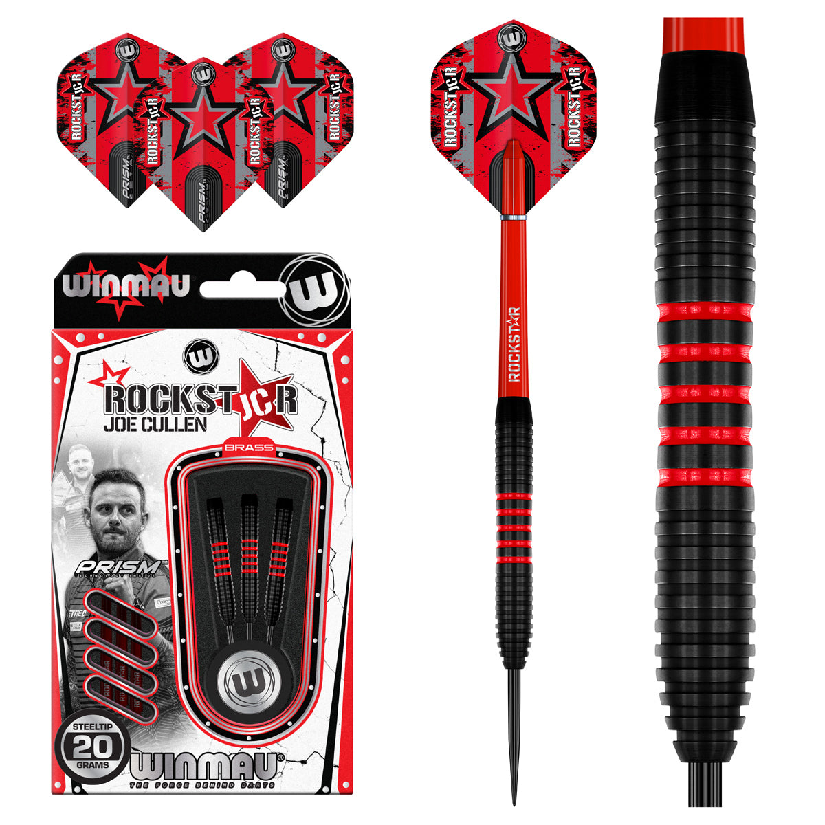 Joe Cullen Brass Steel Tip Darts main product image showing the darts, packaging, flights, shafts, and included accessories