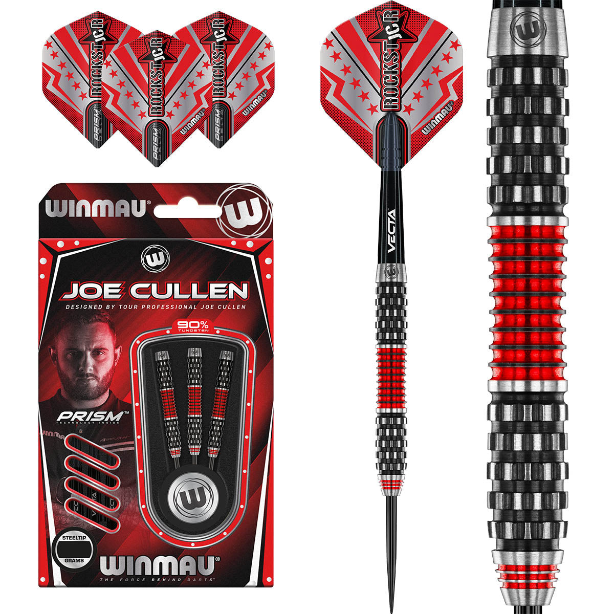 Joe Cullen Rockstar Series RS 1.0 Steel Tip Darts main product image showing the darts, packaging, flights, shafts, and included accessories