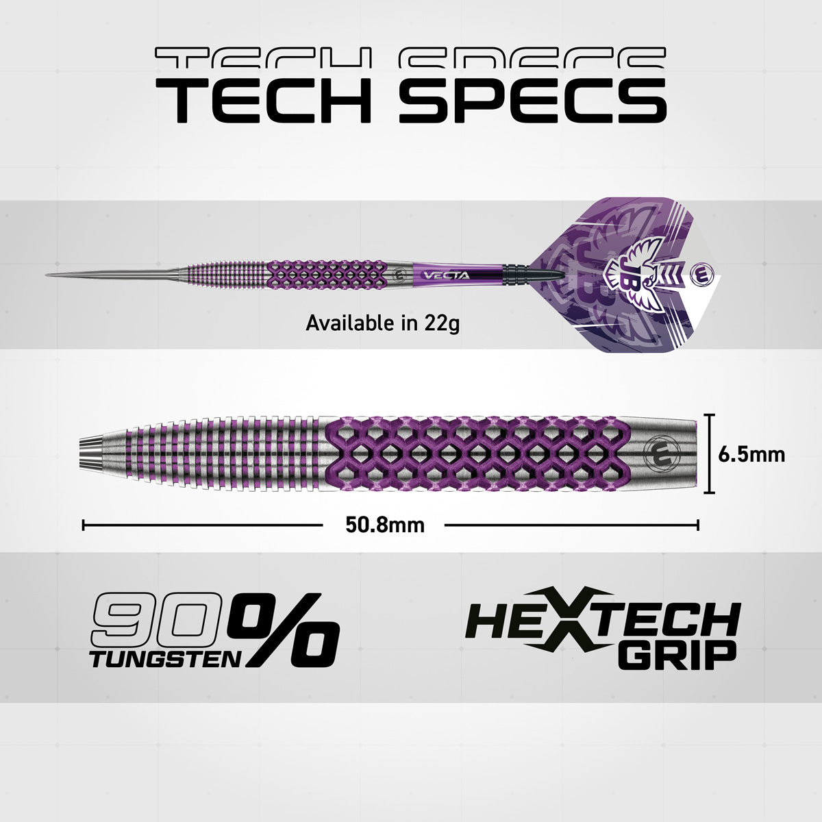 John Brown Signature Edition Steel Tip Darts technical specifications image showing barrel dimensions, weight information, grip profile, and key product features