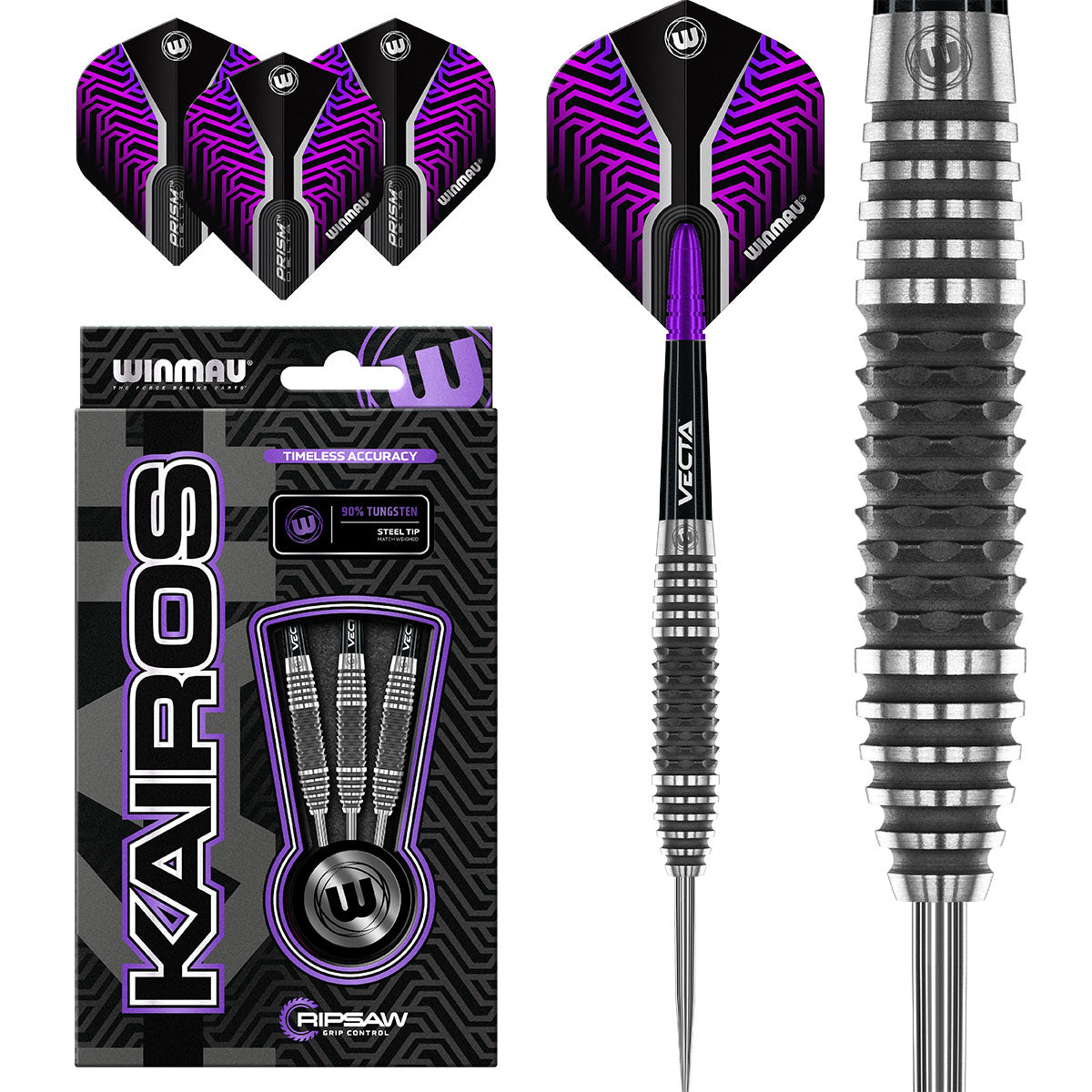 Kairos Steel Tip Darts main product image showing the darts, packaging, flights, shafts, and included accessories