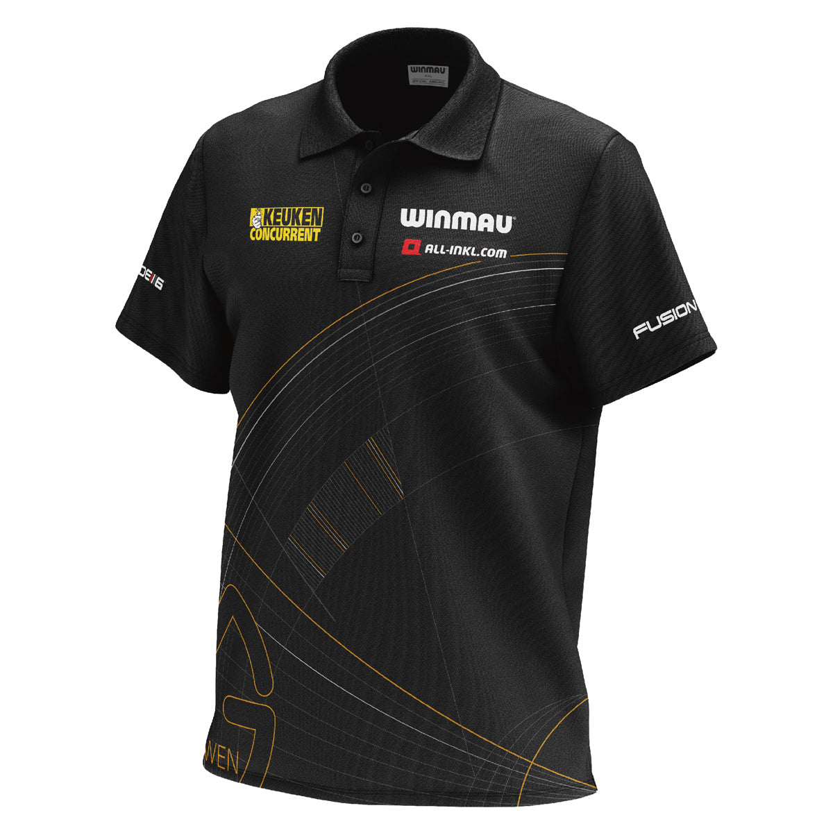 Michael van Gerwen MvG 5 Year Anniversary Dart Shirt by Winmau front view image showing the complete shirt design, colours, anniversary graphics, and sponsor branding