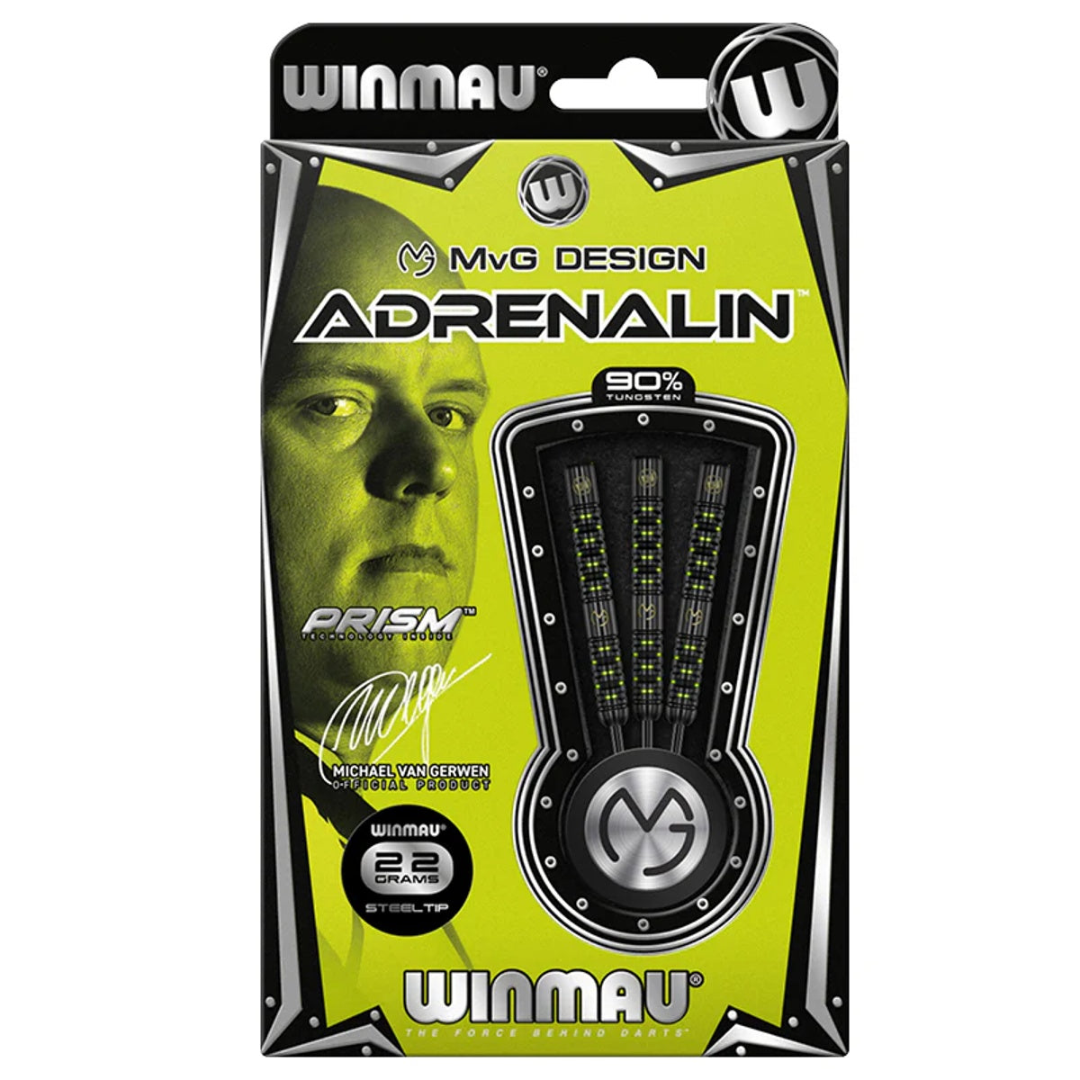 Michael Van Gerwen MVG Adrenalin Steel Tip Darts packaging exterior image showing the outer box artwork, branding, and presentation design