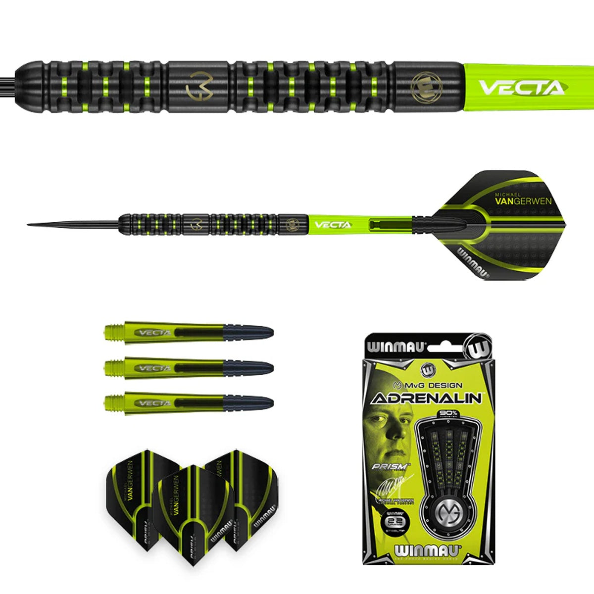 Michael Van Gerwen MVG Adrenalin Steel Tip Darts contents image displaying everything included inside the package
