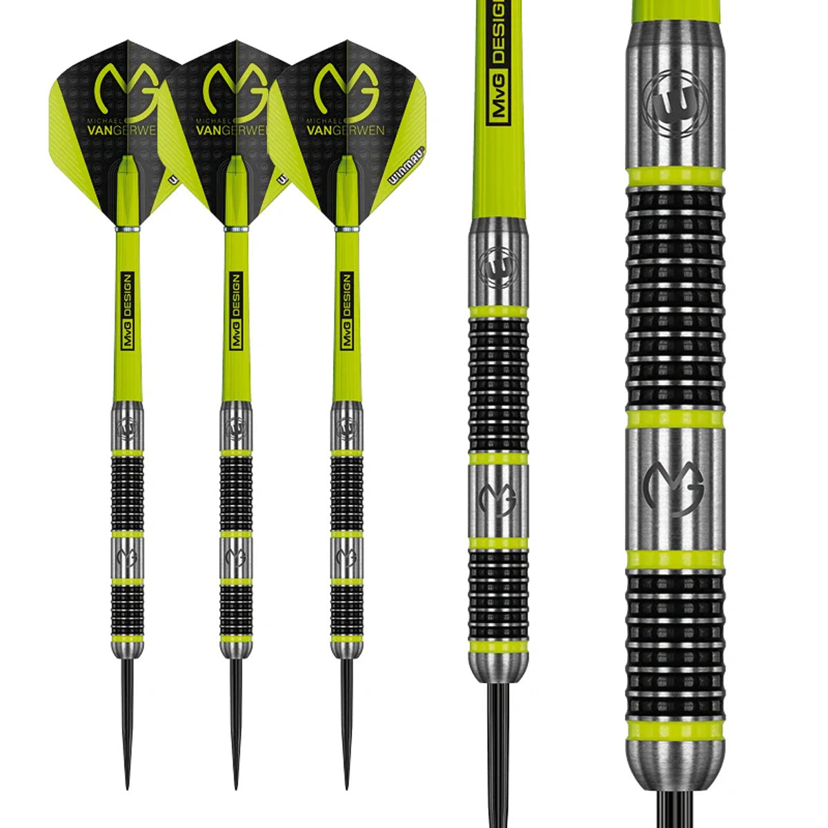 Michael Van Gerwen MVG Aspire Steel Tip Darts straight product image displaying the barrel profile, grip layout, and design features