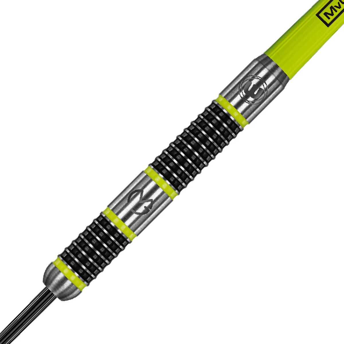 Michael Van Gerwen MVG Aspire Steel Tip Darts close up image showing detailed grip patterns, machining, coating, and precision craftsmanship