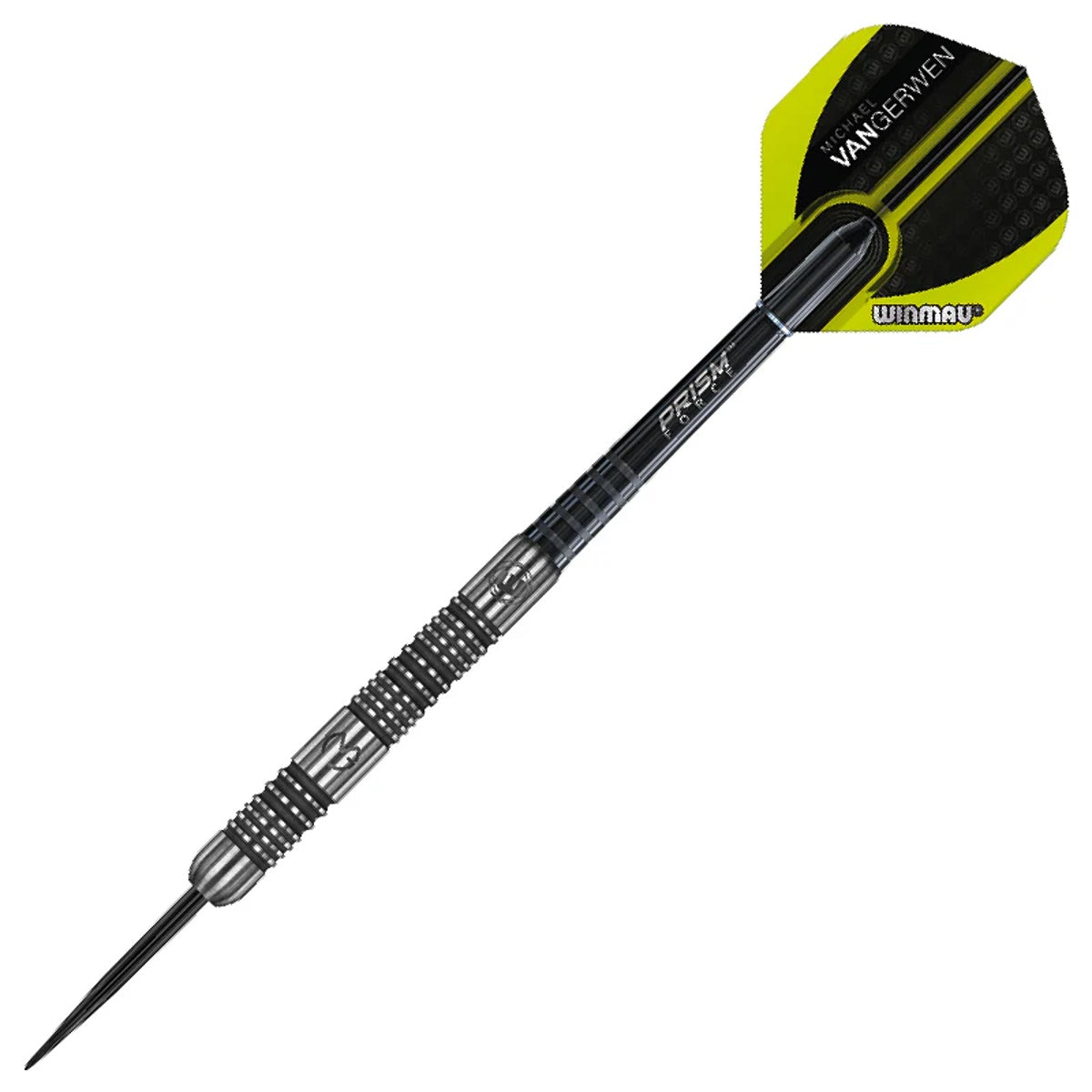 Michael Van Gerwen MVG Authentic Steel Tip Darts angled product image displaying the barrel profile, grip layout, and design features