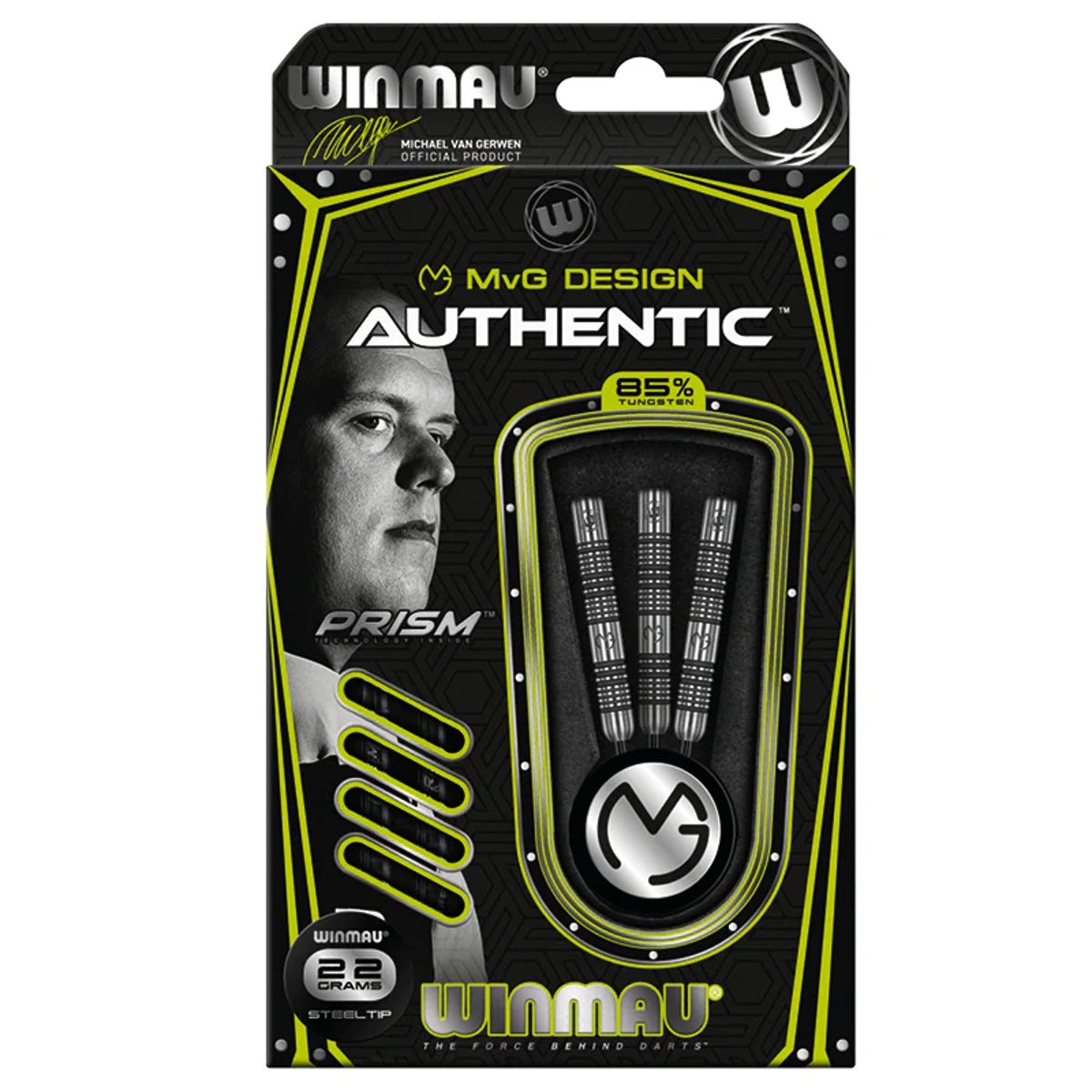 Michael Van Gerwen MVG Authentic Steel Tip Darts packaging exterior image showing the outer box artwork, branding, and presentation design