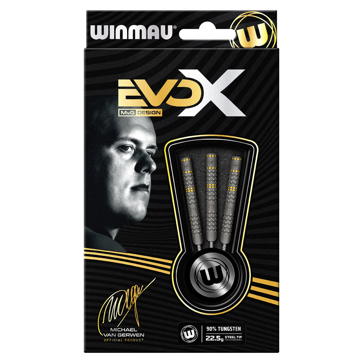 Michael van Gerwen MvG Evo X Steel Tip Darts packaging exterior image showing the outer box artwork, branding, and presentation design