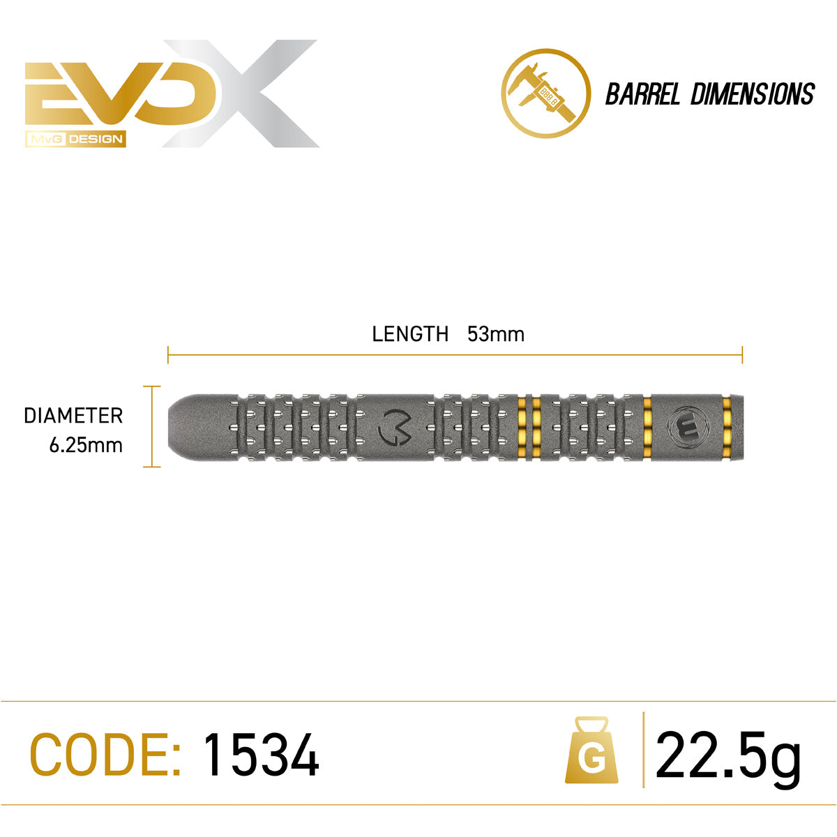 Michael van Gerwen MvG Evo X Steel Tip Darts technical specifications image showing barrel dimensions, weight information, grip profile, and key product features