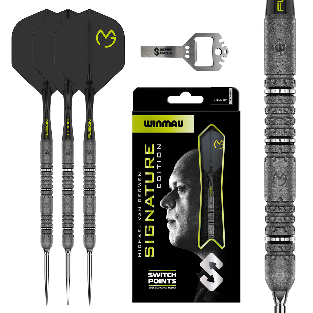 Michael van Gerwen MvG Signature Edition Switch Point Steel Tip Darts main product image showing the darts, packaging, flights, shafts, and included accessories