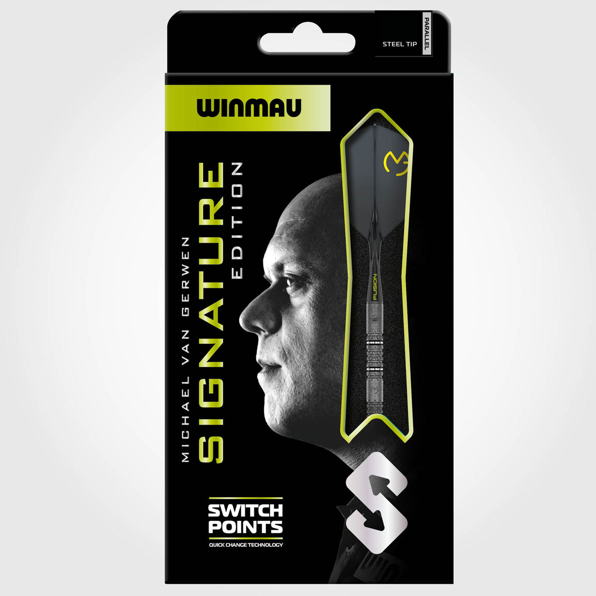 Michael van Gerwen MvG Signature Edition Switch Point Steel Tip Darts packaging exterior image showing the outer box artwork, branding, and presentation design