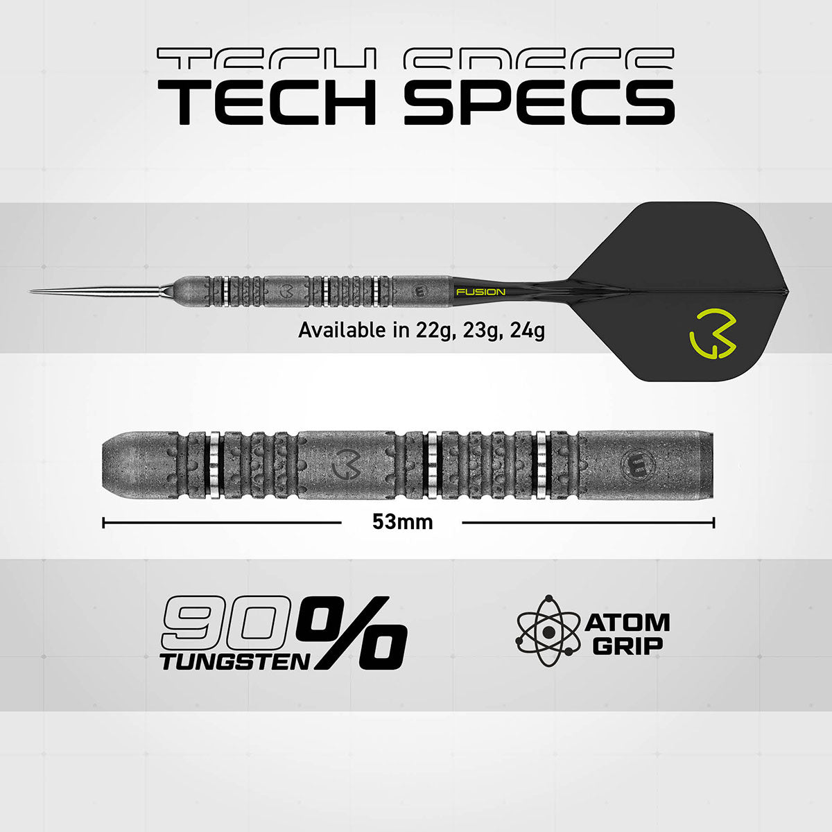 Michael van Gerwen MvG Signature Edition Switch Point Steel Tip Darts technical specifications image showing barrel dimensions, weight information, grip profile, and key product features