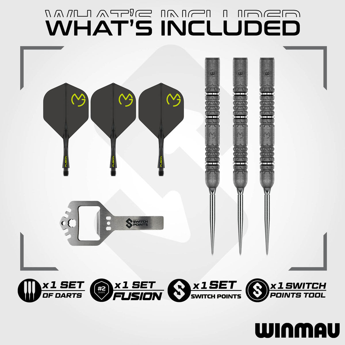 Michael van Gerwen MvG Signature Edition Switch Point Steel Tip Darts contents image displaying everything included inside the package
