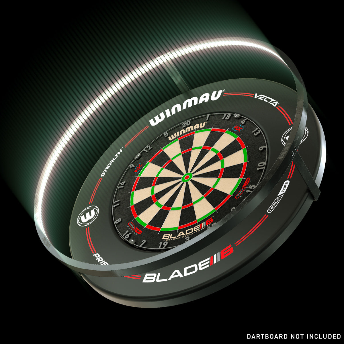 Winmau Plasma Dartboard Surround Light and Pro Line Original Black Surround Bundle lifestyle image showing the complete setup installed in a real world darts environment and ready for play