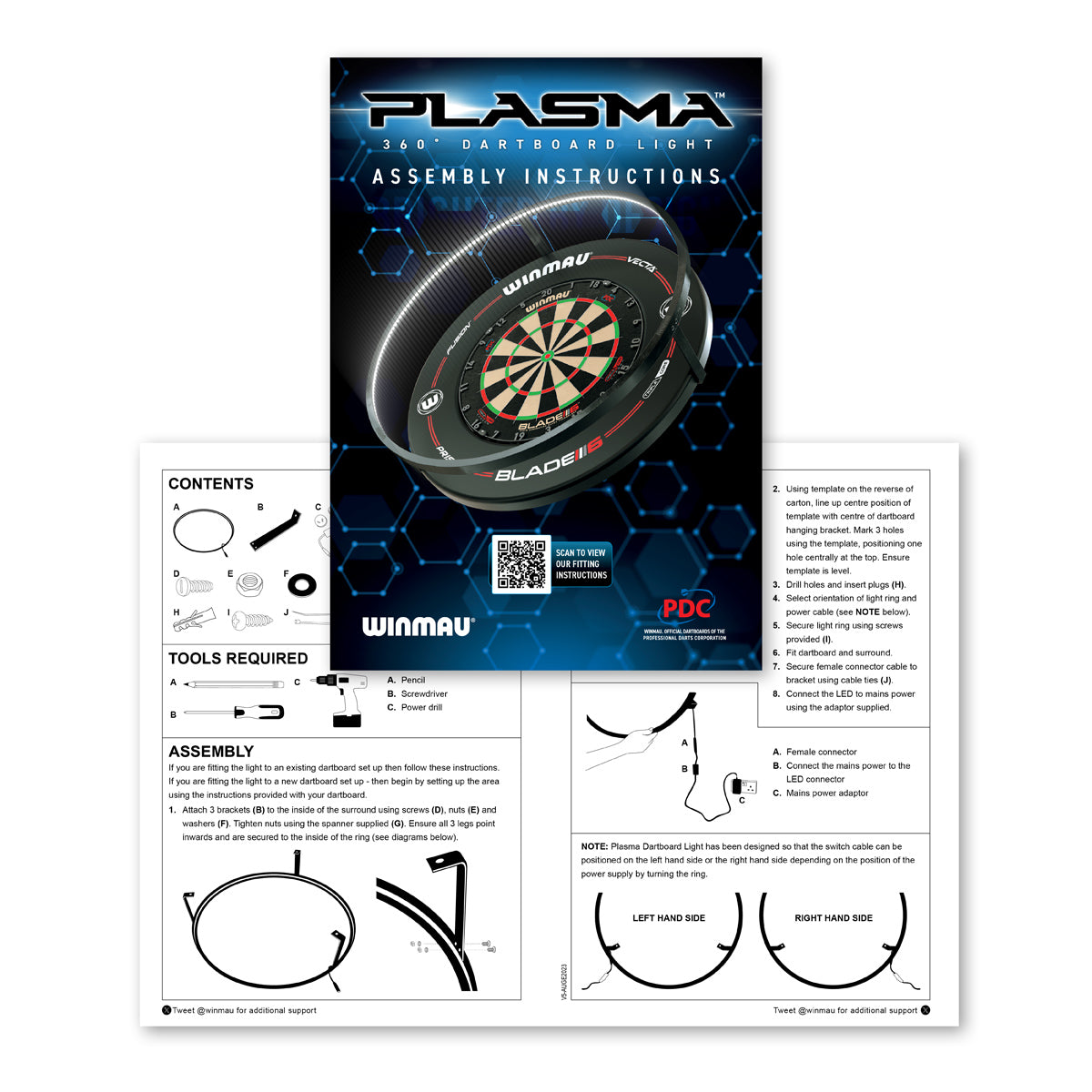 Winmau Plasma Dartboard Surround Light and Pro Line Original Black Surround Bundle image showing what comes inside the box and how to assemble the system