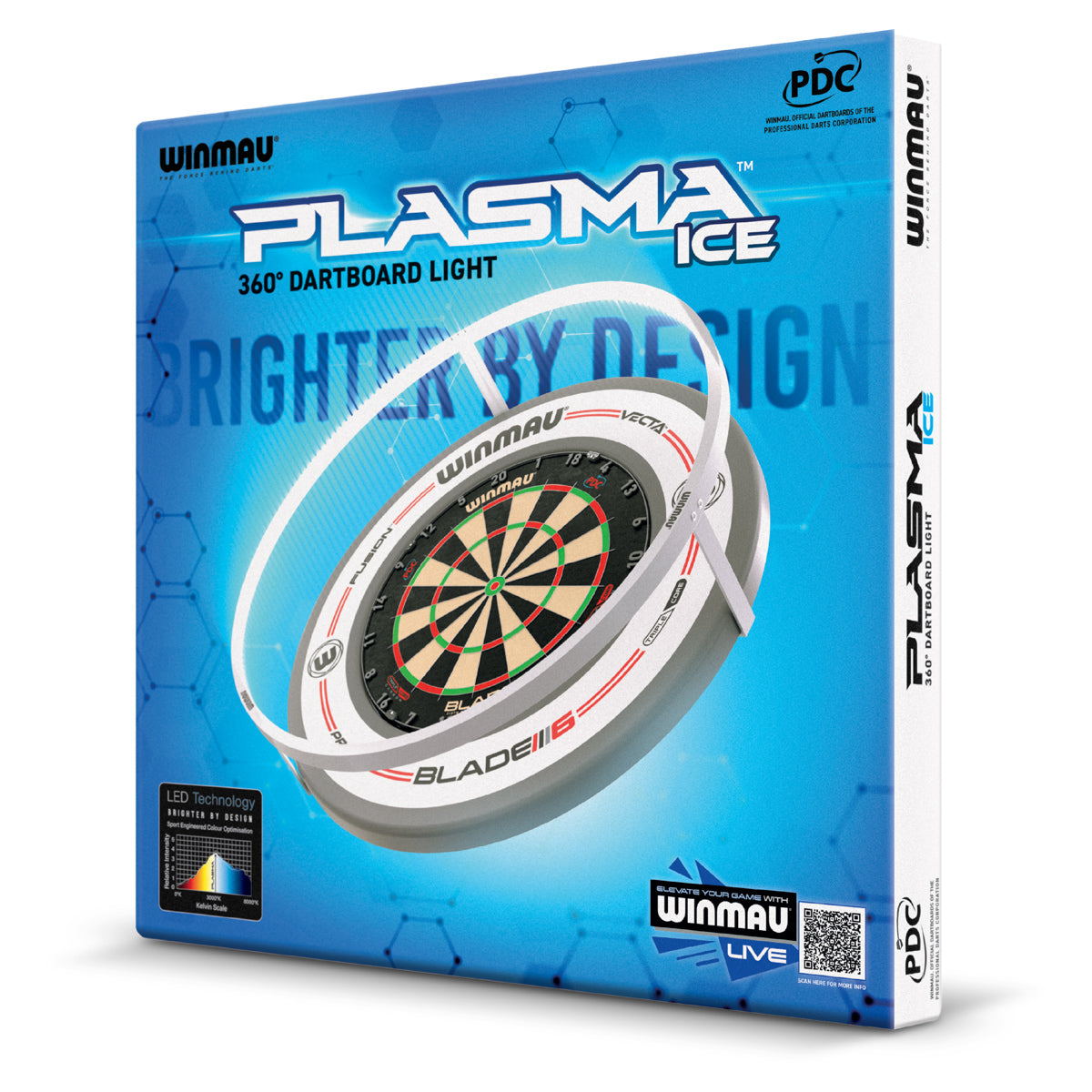 Winmau Plasma Ice Dartboard Surround Light and Pro Line Original White Surround Bundle outer box image showing the retail packaging and branding