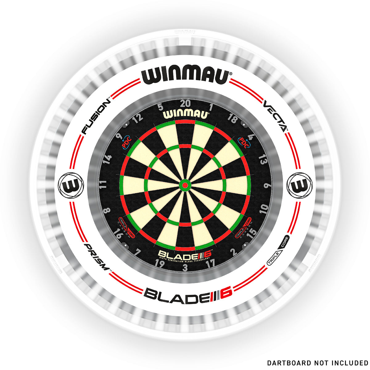 Winmau Plasma Ice Dartboard Surround Light and Pro Line Original White Surround Bundle straight product image showing the lighting and surround bundle with included contents