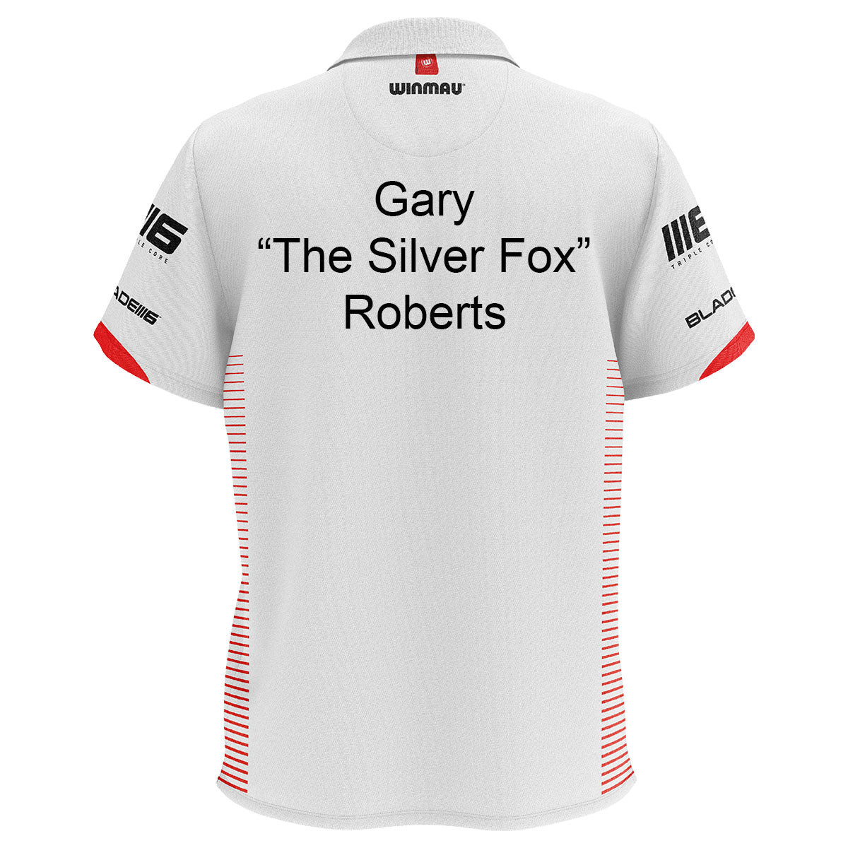Winmau Pro Line Polo White Dart Shirt example image showing a personalised shirt with custom name and printed details displayed on the garment.