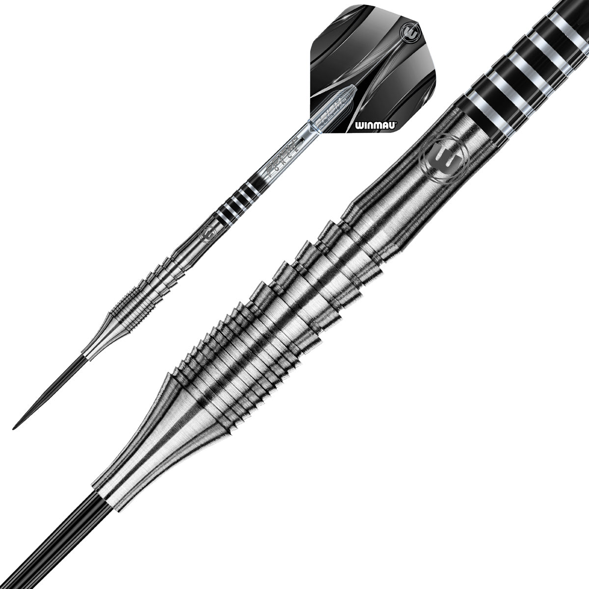 Sniper 01 Steel Tip Darts close up image showing detailed grip patterns, machining, coating, and precision craftsmanship