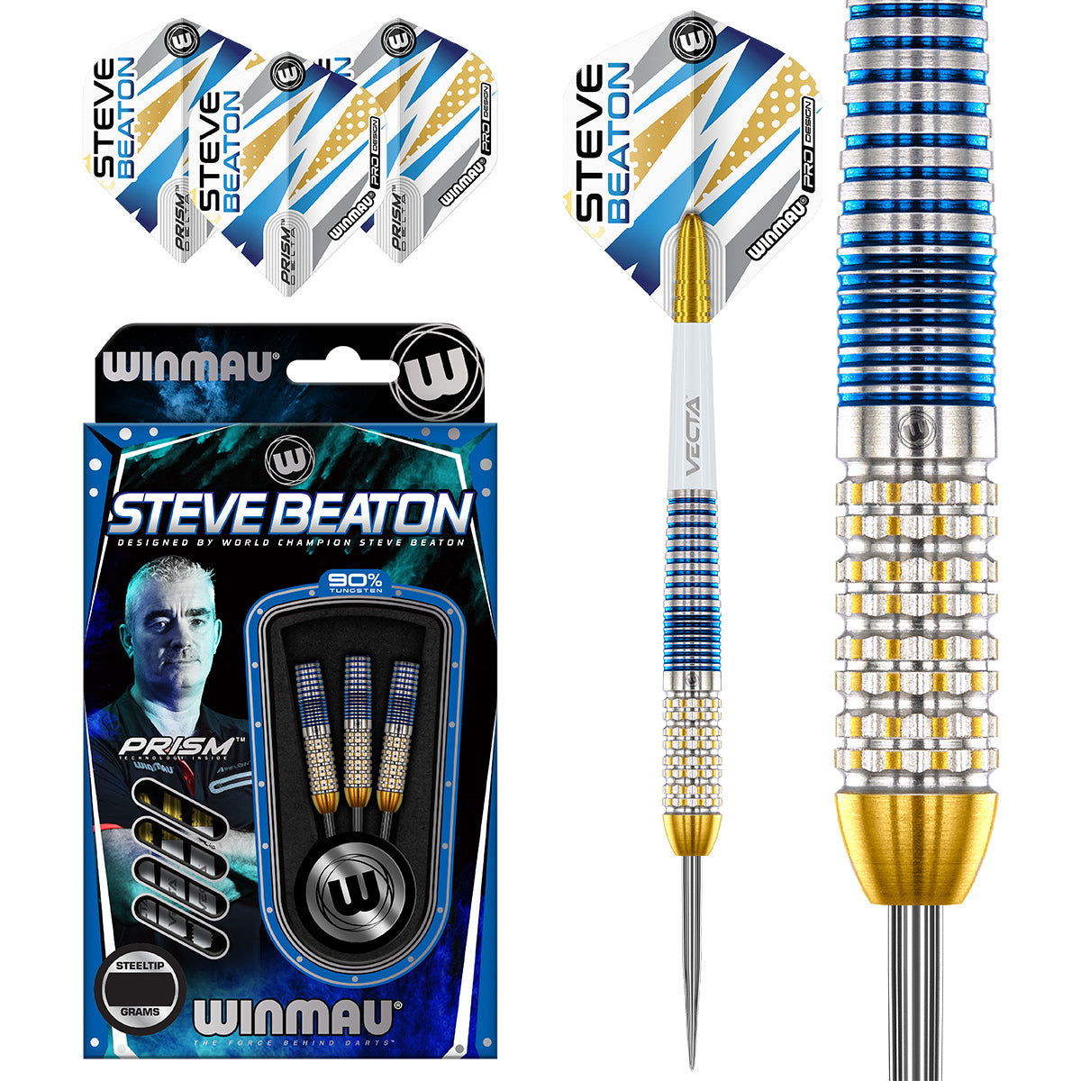 Steve Beaton Legacy Edition Steel Tip Darts main product image showing the darts, packaging, flights, shafts, and included accessories