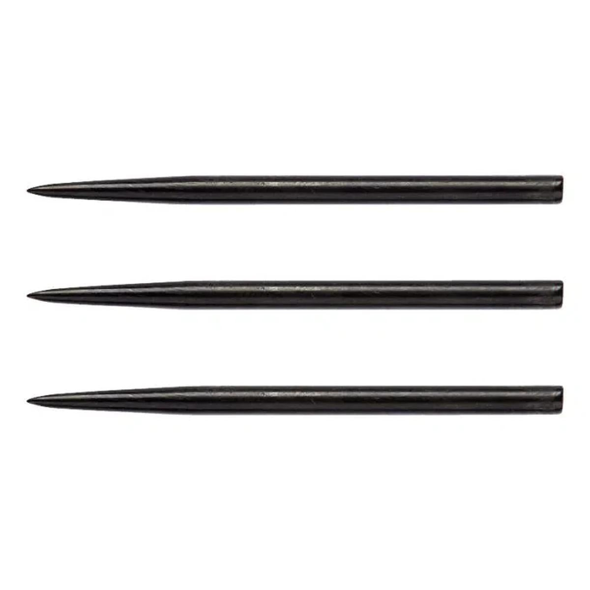 Set of three extra long black steel tip dart points, designed for enhanced grip and precision.