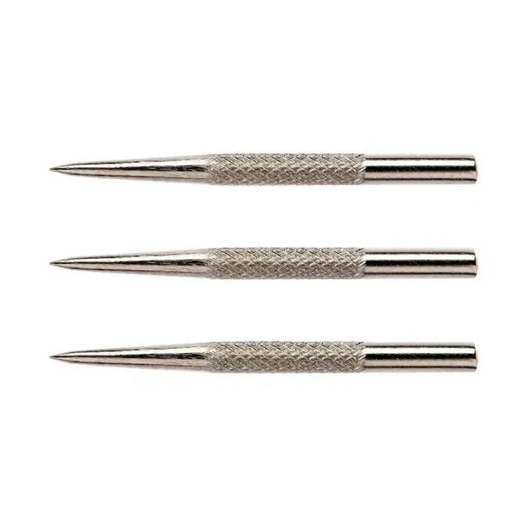 Three silver steel dart points by Winmau featuring a knurled grip texture for secure finger placement.