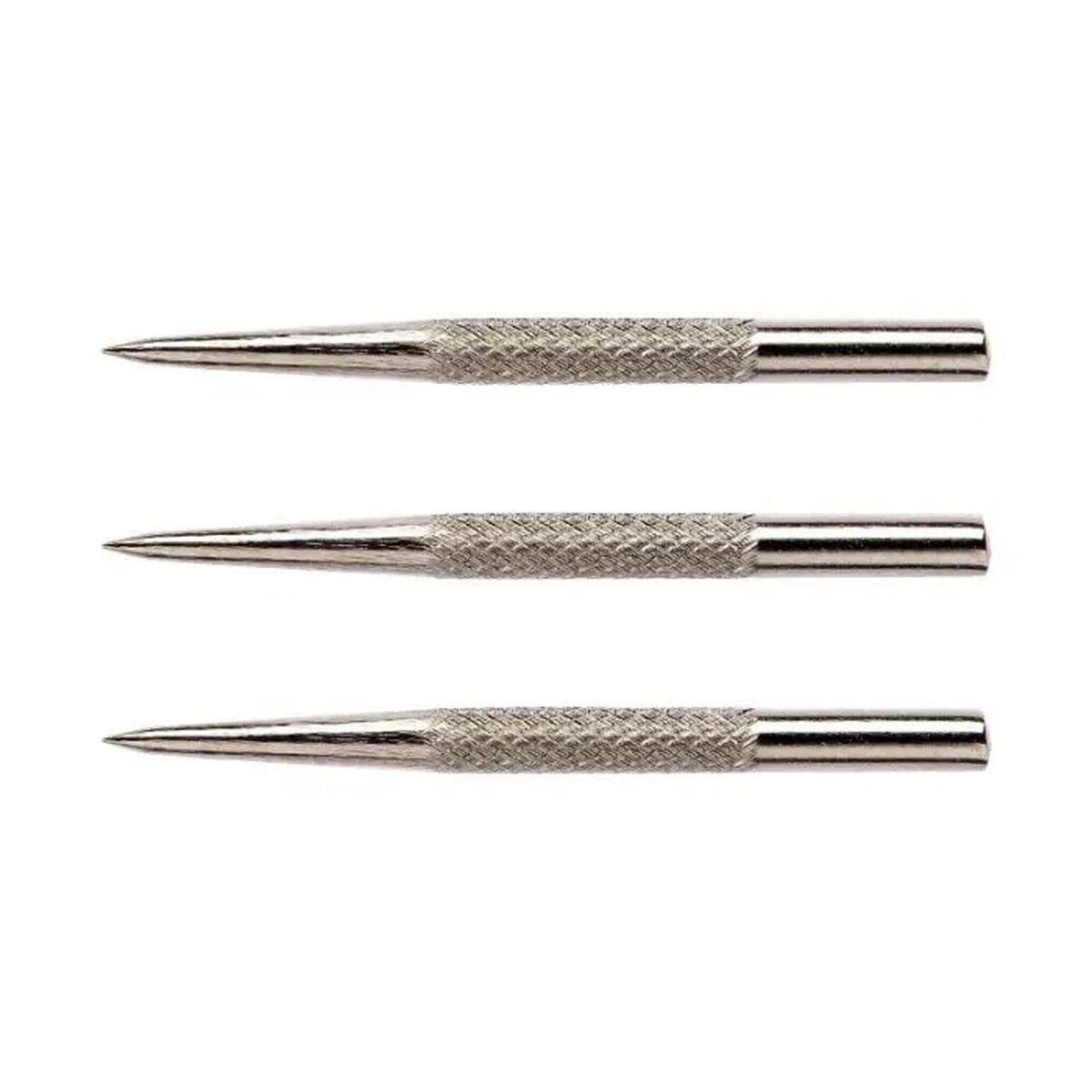 Three silver steel dart points by Winmau featuring a knurled grip texture for secure finger placement.