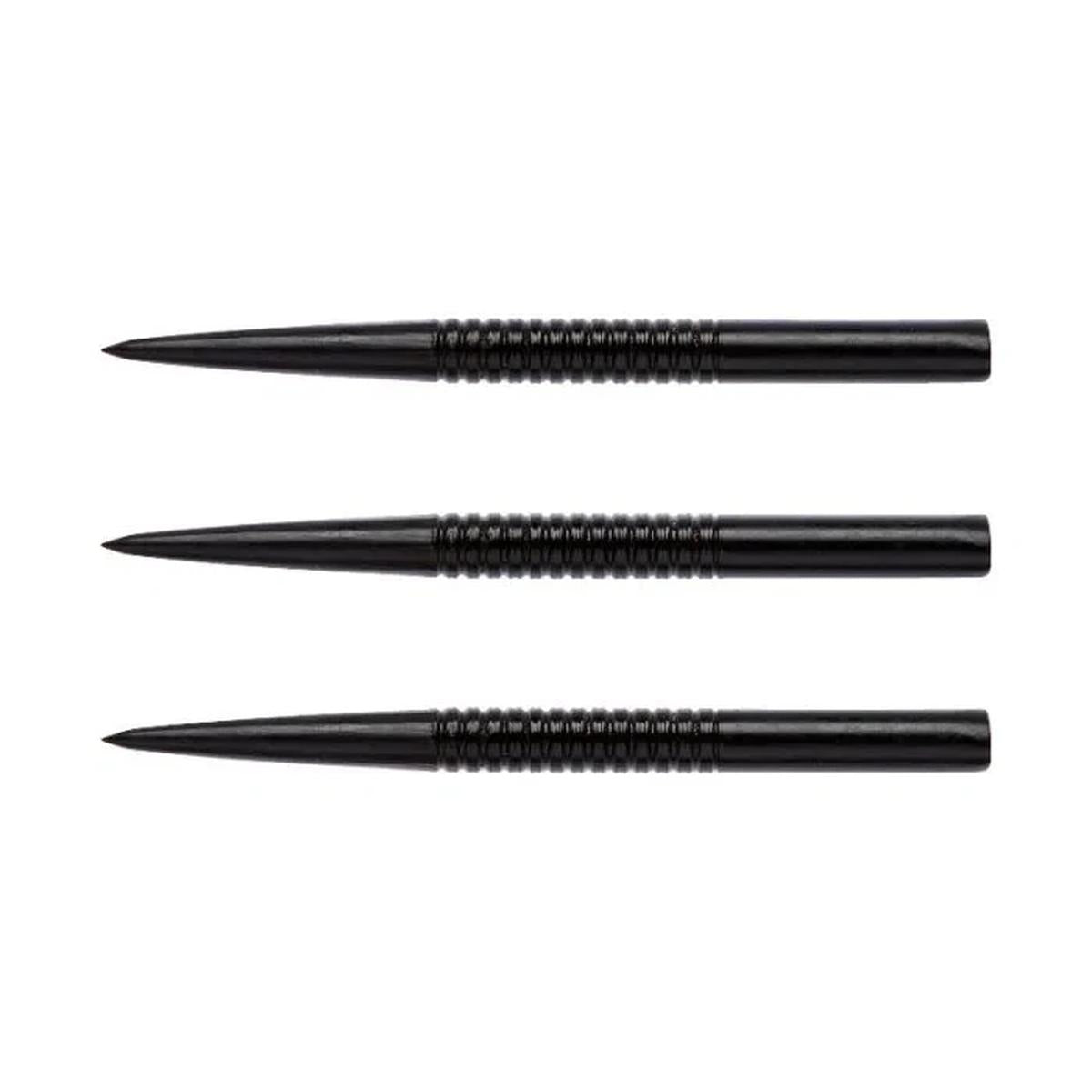 Three black steel tip dart points by Winmau featuring ringed grip sections for improved handling and control.