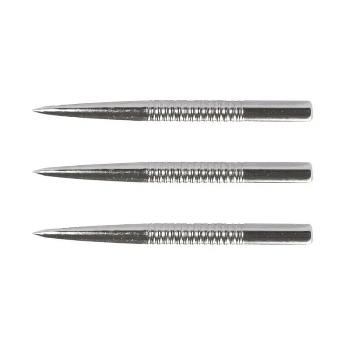 Three silver steel tip dart points with a ringed grip section, shown in horizontal alignment
