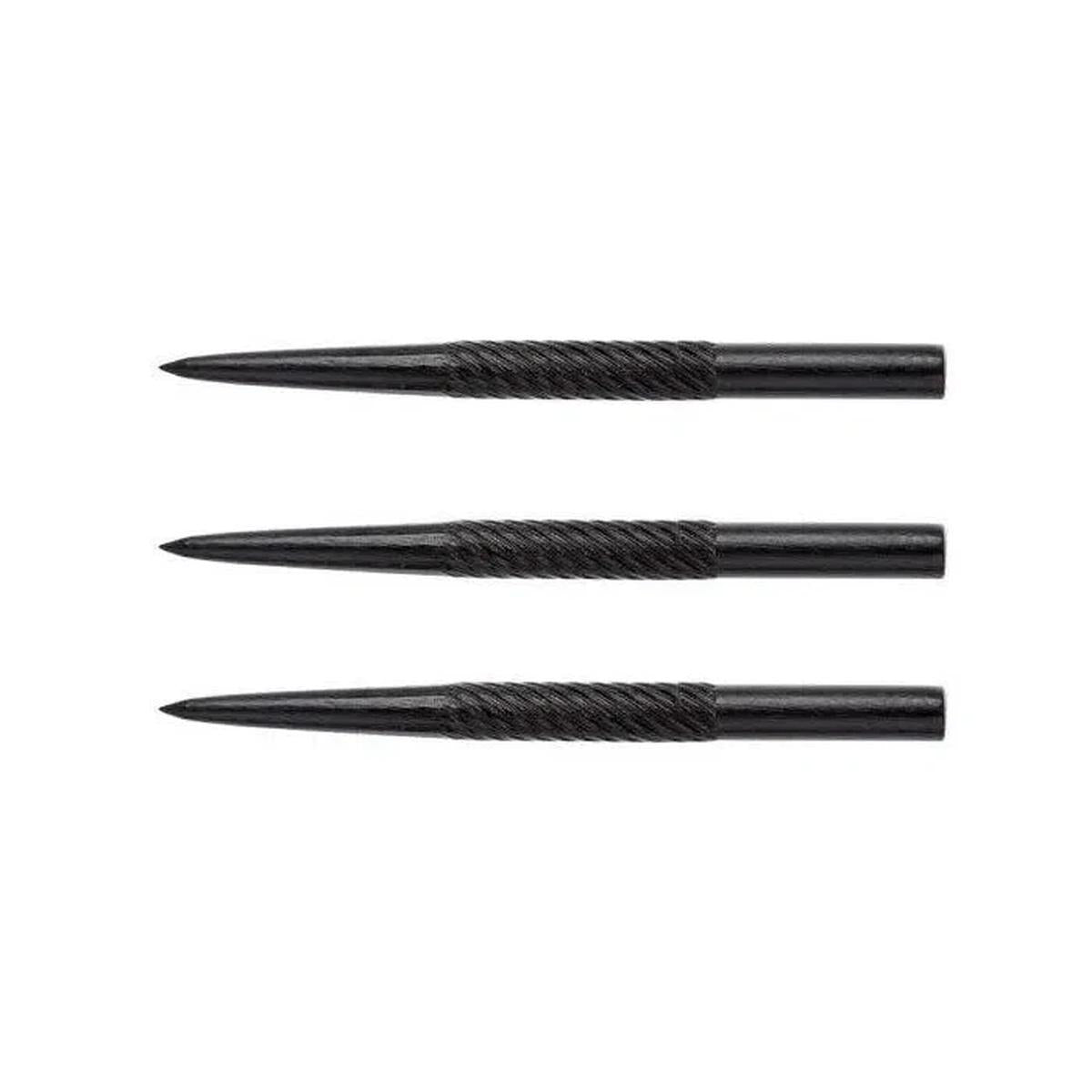 Three black steel tip dart points by Winmau featuring a spiral-textured grip pattern for enhanced hold