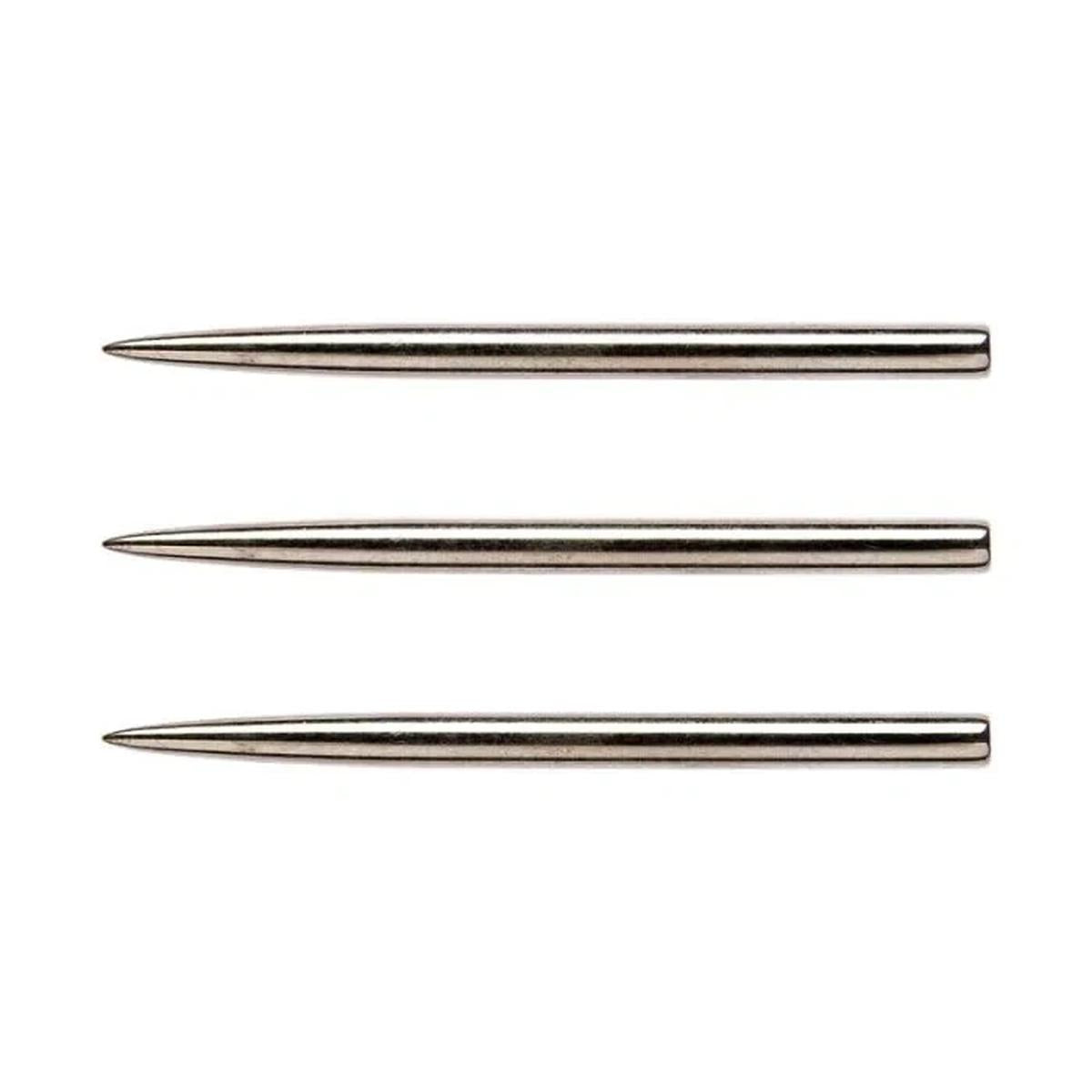 Three standard silver steel dart points by Winmau with a smooth finish, aligned horizontally.