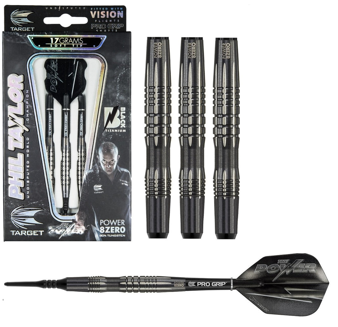 Phil Taylor 8ZERO Black 80% Tungsten Soft Tip Darts by Target - S2