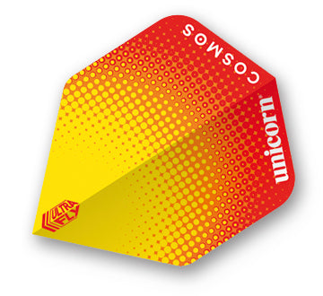 A dart flight with a yellow and red colour gradient and a 'COSMOS' text. The brand 'unicorn' is visible at the bottom.