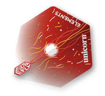 A red dart flight with yellow and orange lines and text 'ELEMENTS' and 'ULTRAFly'. The brand 'unicorn' is also mentioned.