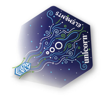 A dart flight accessory with a hydrostorm blue color and geometric pattern design, including the text 'elemental' and 'unicorn'.