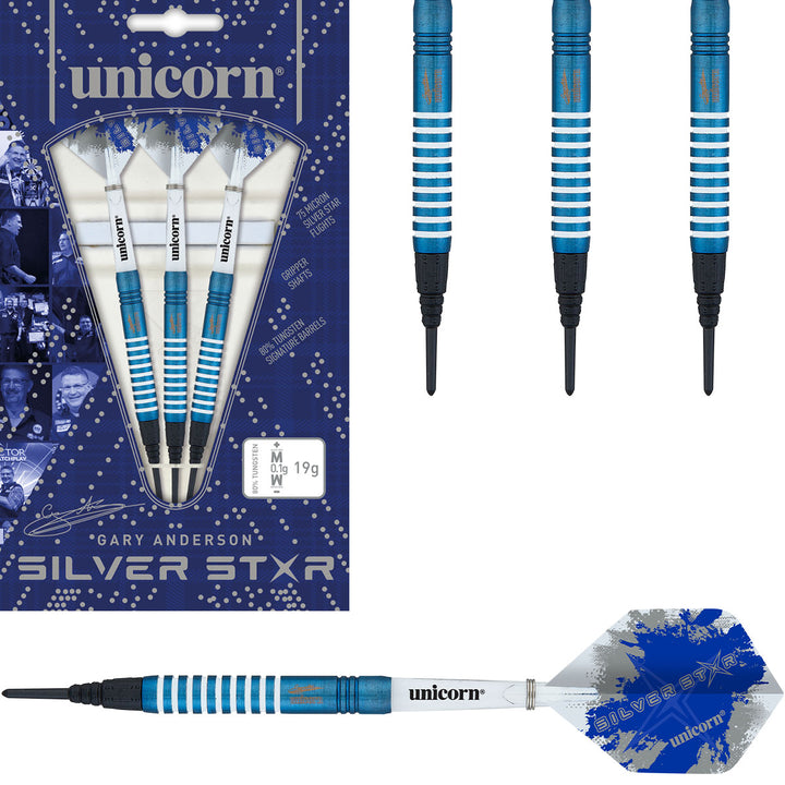 Gary Anderson Silver Star Blue 80% Tungsten Soft Tip Darts by Unicorn