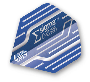 A blue dart flight with white lines and the text 'sigma HS' on it.