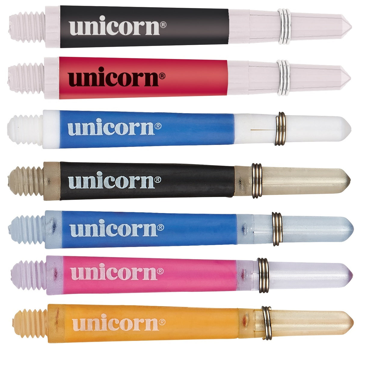 Unicorn soft flex dart stems in a range of colours side by side