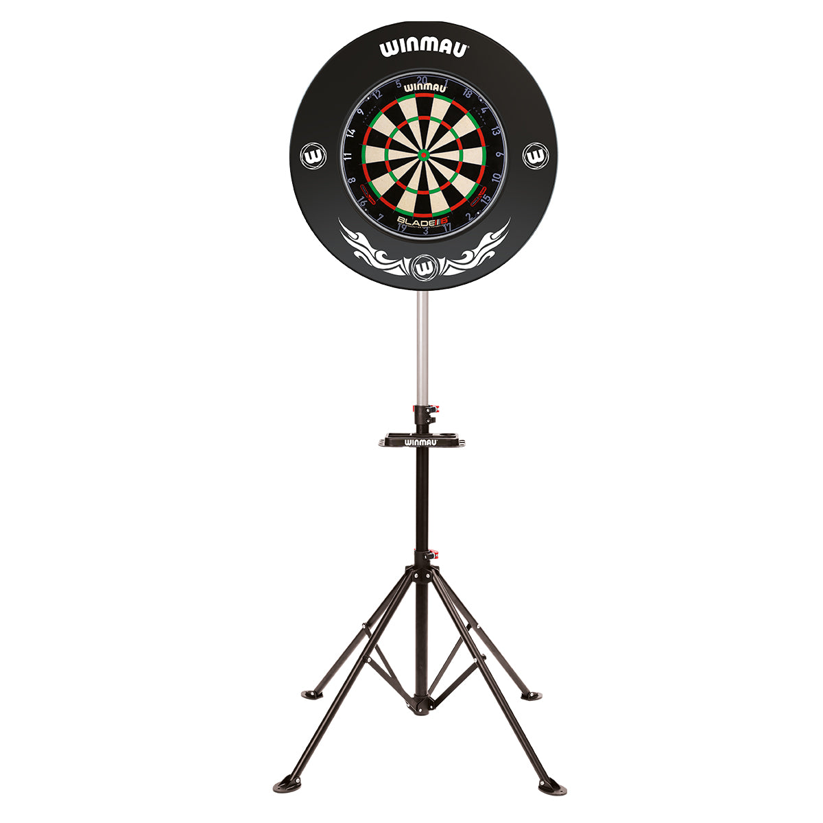 Winmau Xtreme Dartboard Stand fully assembled with dartboard and surround, on a tripod base.