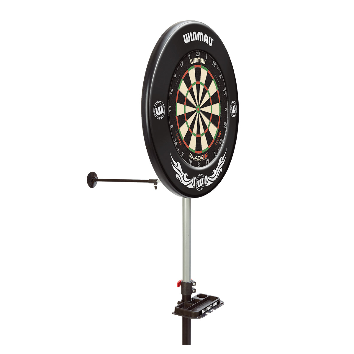 Side view of the Winmau Xtreme Dartboard Stand showing board setup and attached accessory arm.