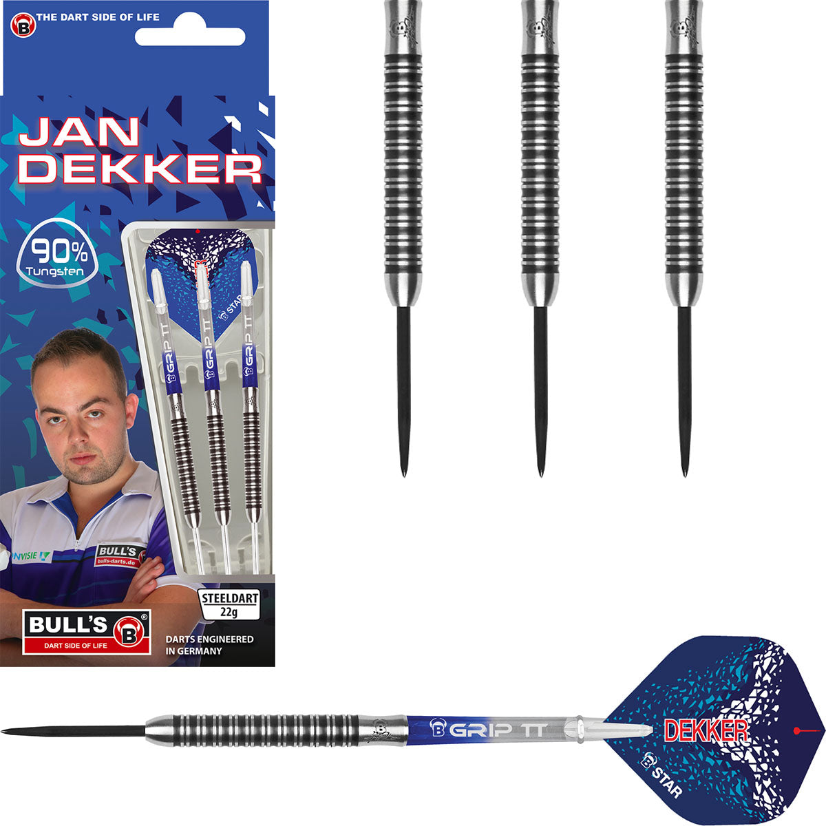 Jan Dekker Steel Tip Darts main product image showing the darts, packaging, flights, shafts, and included accessories