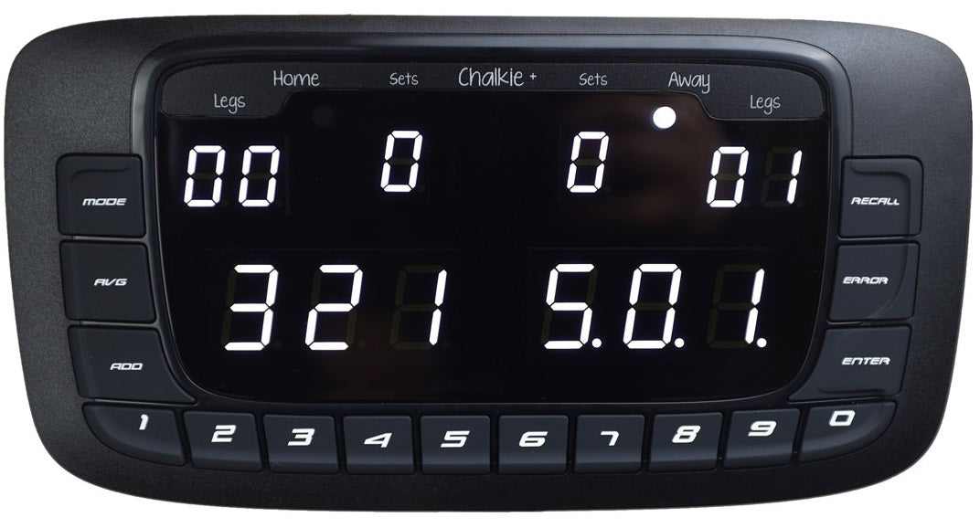Dartsmate Black Edition Chalkie Plus Darts Scorer White LED main product image showing the scorer and included contents
