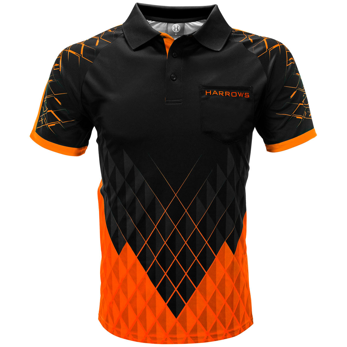 Harrows Paragon Orange Dart Shirt front view image showing the complete shirt design, colours, and styling details