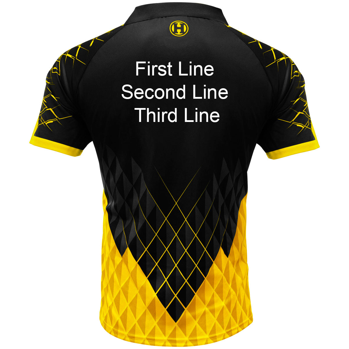 Harrows Paragon Yellow Dart Shirt image highlighting available name and customisation options