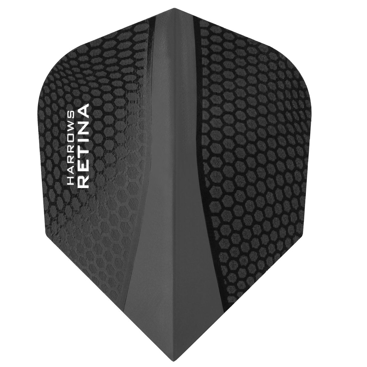 Harrows Retina Standard Black Dart Flights main product image showing the flight design and product contents