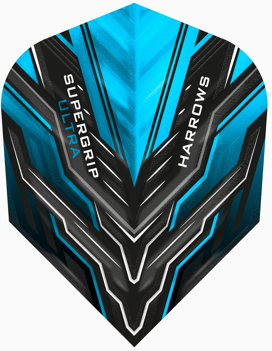 Harrows Supergrip Ultra Aqua Standard Dart Flights main product image showing the flight design and product contents