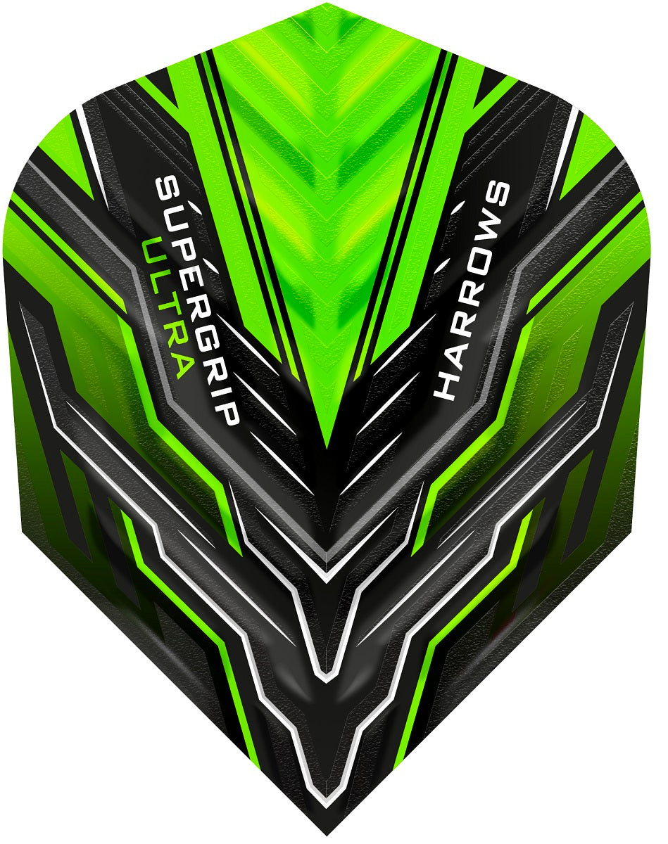 Harrows Supergrip Ultra Green Standard Dart Flights main product image showing the flight design and product contents