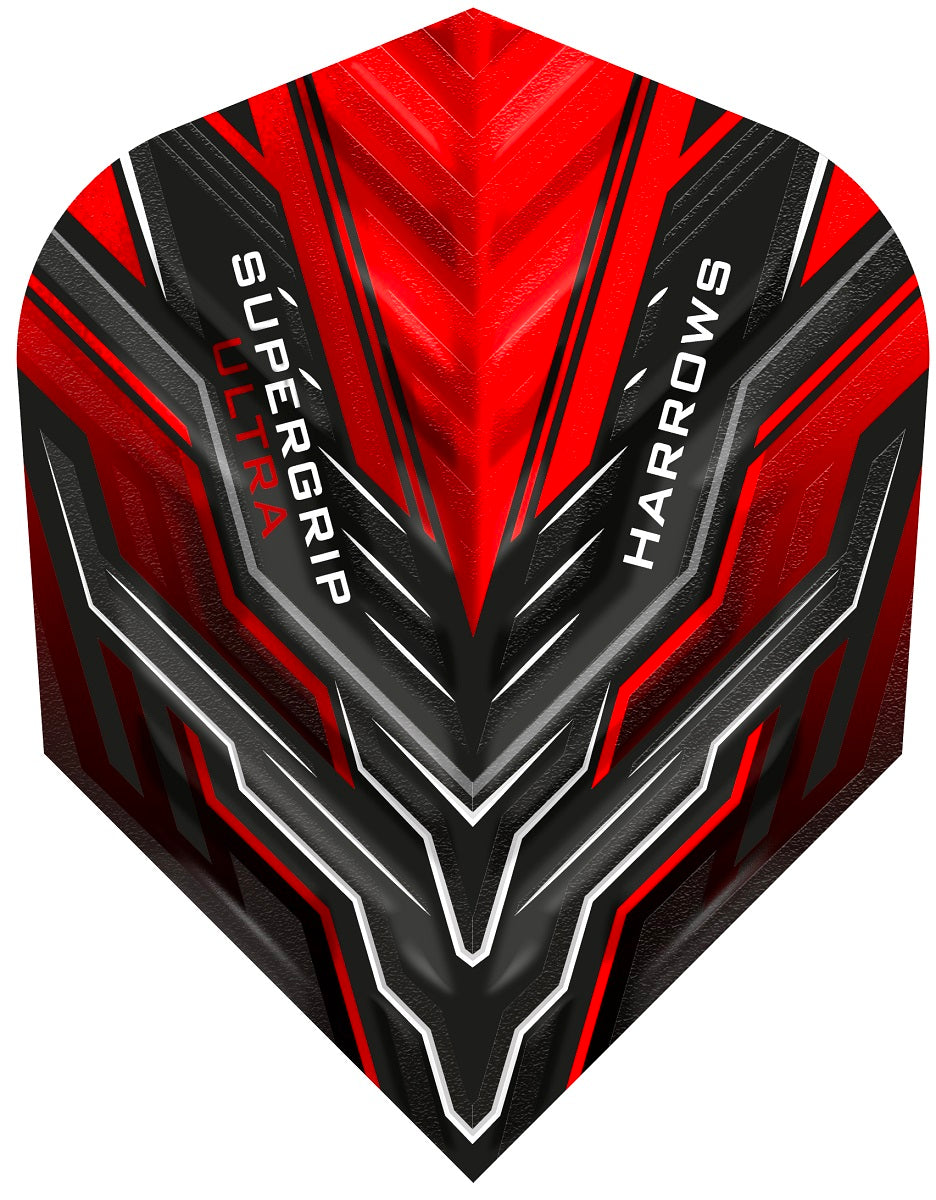 Harrows Supergrip Ultra Red Standard Dart Flights main product image showing the flight design and product contents
