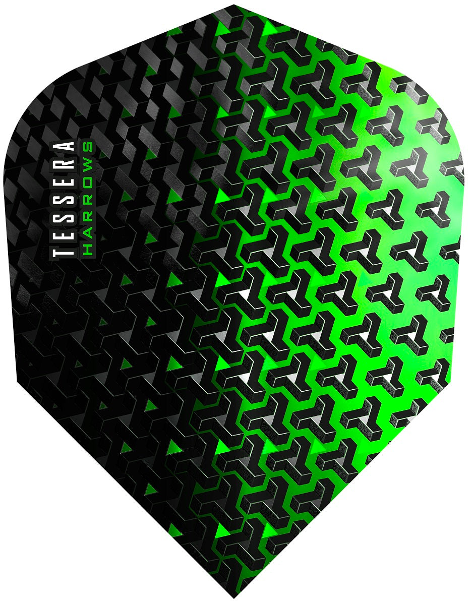 Harrows Tessera Green Standard Dart Flights main product image showing the flight design and product contents