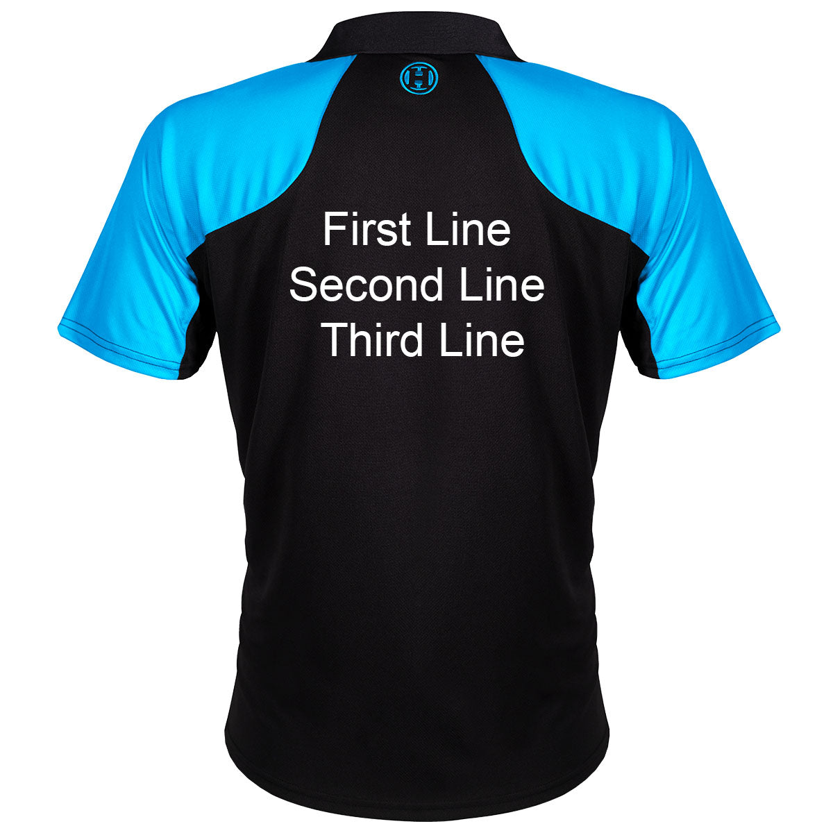 Harrows Vivid Aqua and Black Dart Shirt image highlighting available name and customisation options